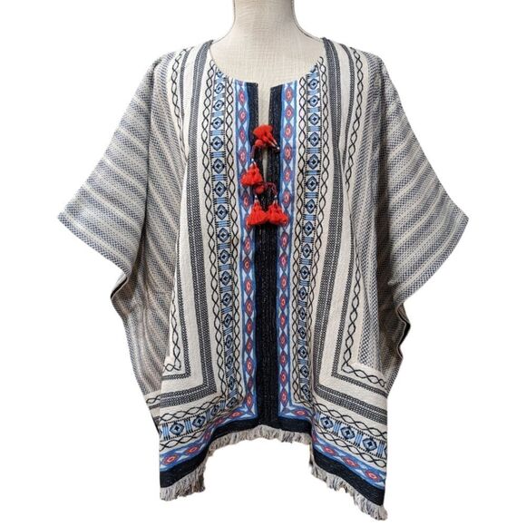 Tory Burch Boho Oversized Blaire Poncho M/L - w/ Tassles, New Ivory / Navy Sea - Picture 2 of 12